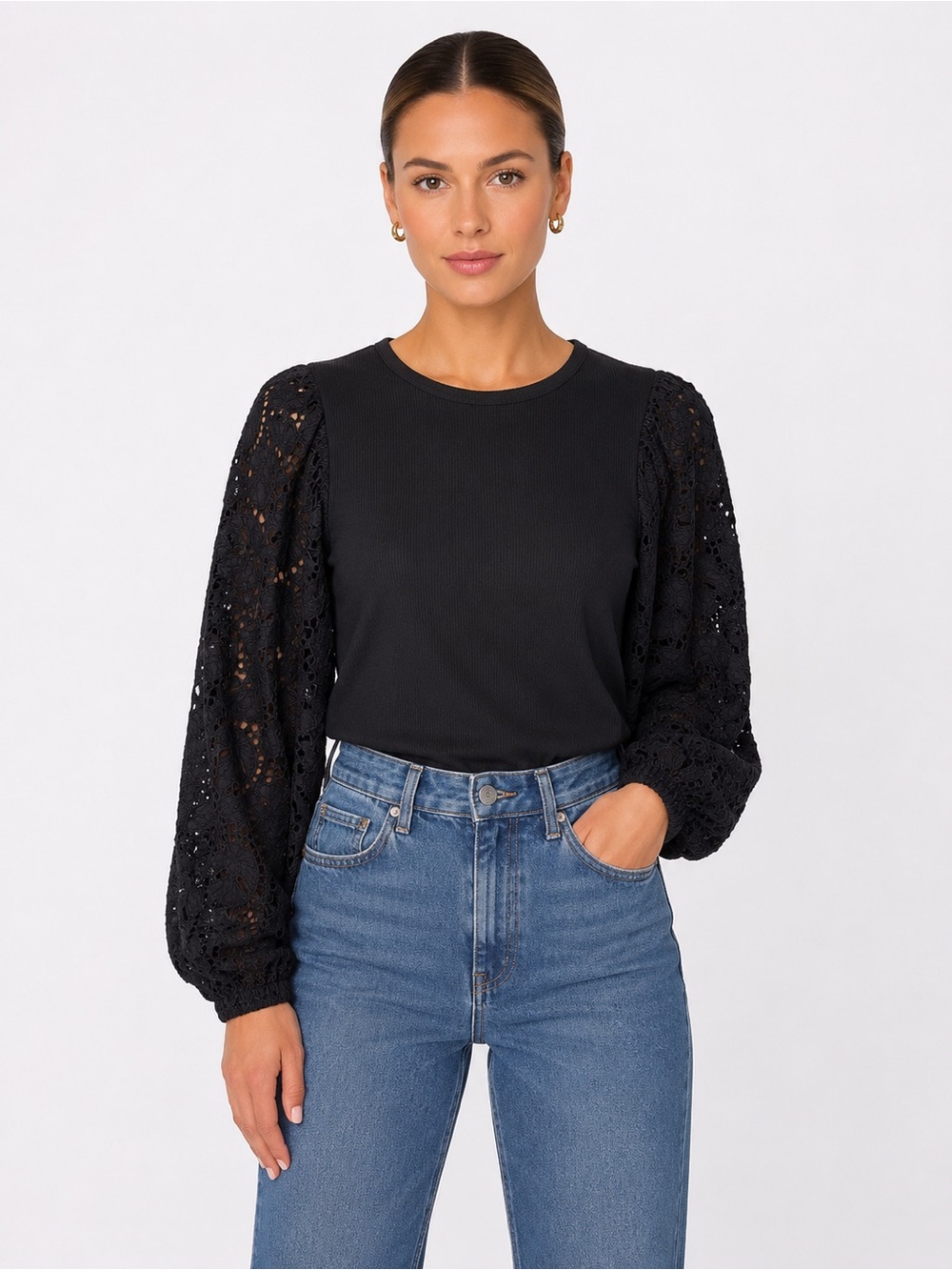 J. Crew Black Puff-Sleeve Eyelet Top (Small)